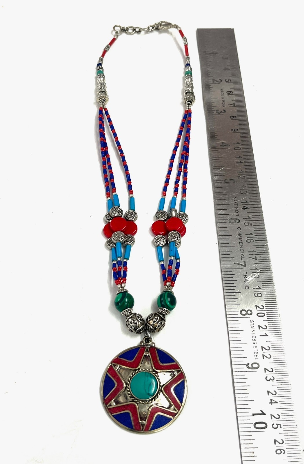 Handcrafted Lapis Coral Gemstone Tibetan Boho Necklace Jewelry, 16 Inch Adjs