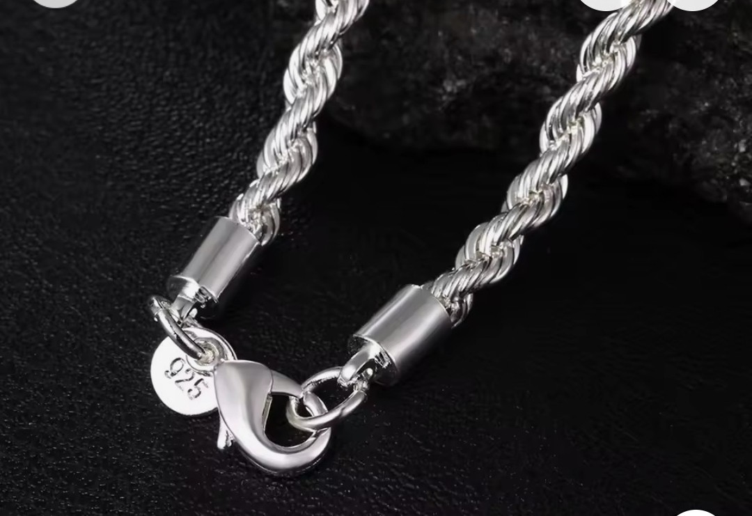 925 Sterling Silver Rope Chain Necklace, Signed, No Stone, Lobster Clasp