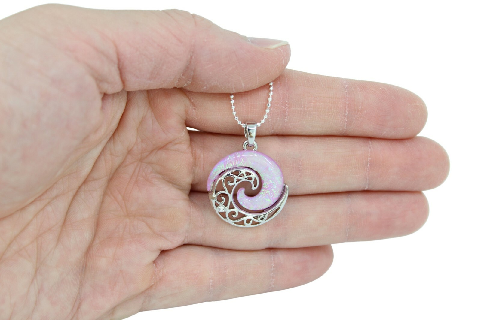 Hawaiian Wave Sparkly Pink Pendant – 18″ Ball Chain Necklace, Circle of Life