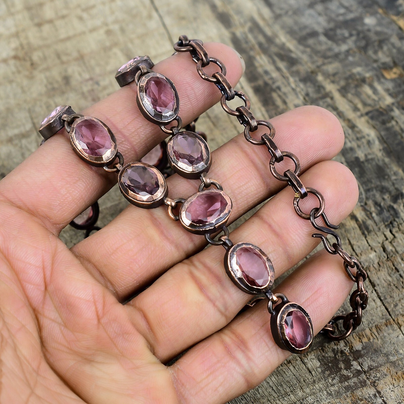 Valentines Deal Pink Kunzite Stone Copper Electroformed Chain Necklace Jewelry