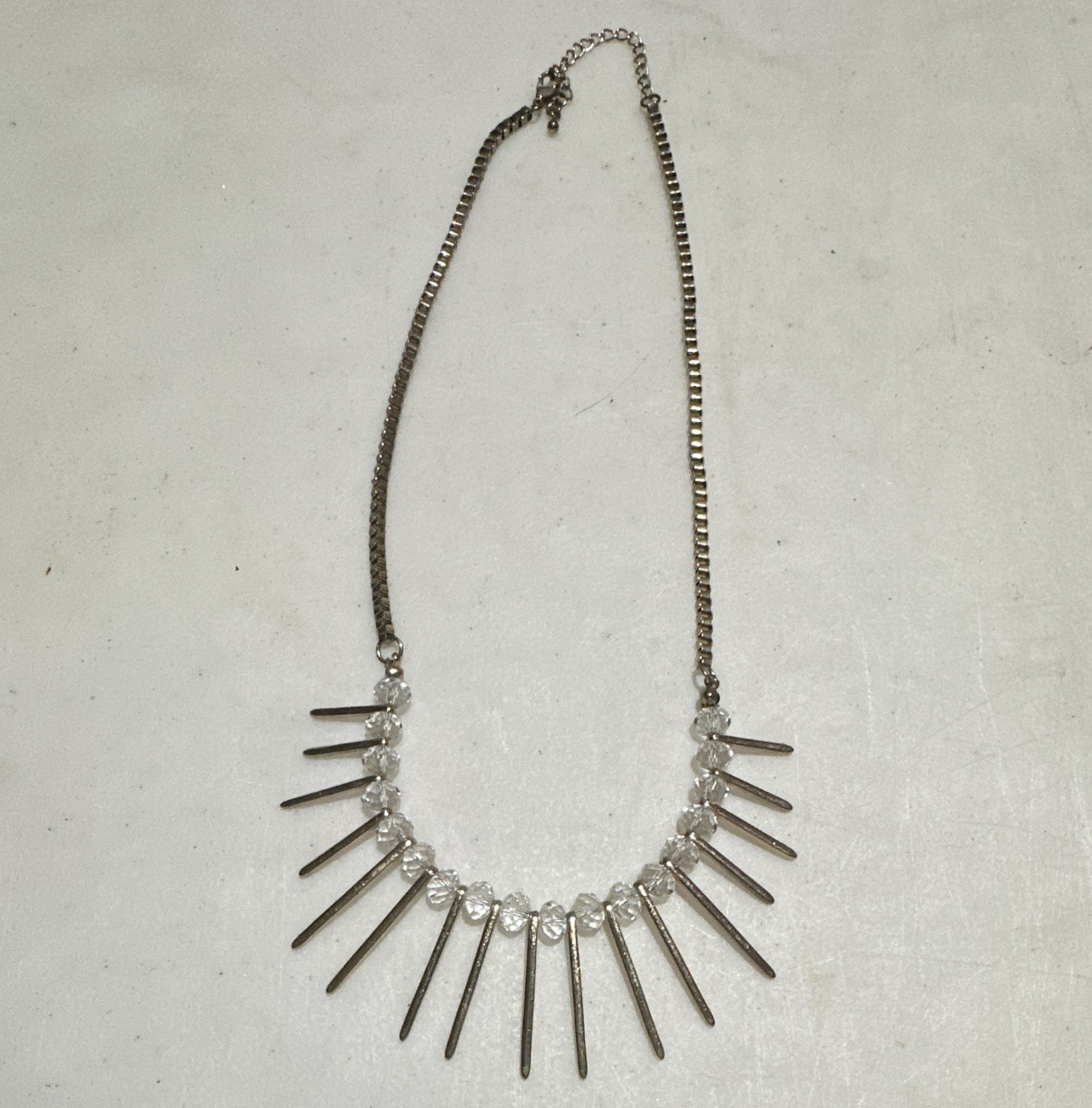 Silver Tone Clear Crystal Spike Fringe Pendant Necklace Cable Chain Lobster