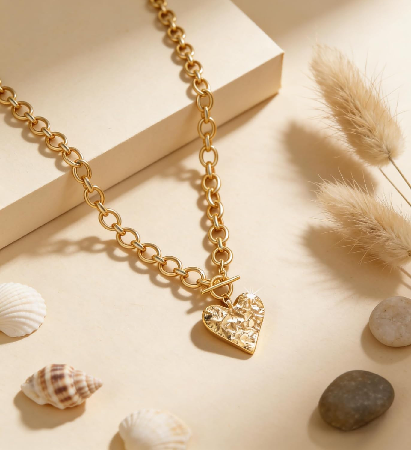 Chunky Gold Heart Cross Necklace for Women, 14K Gold Plated Layering Toggle Clas