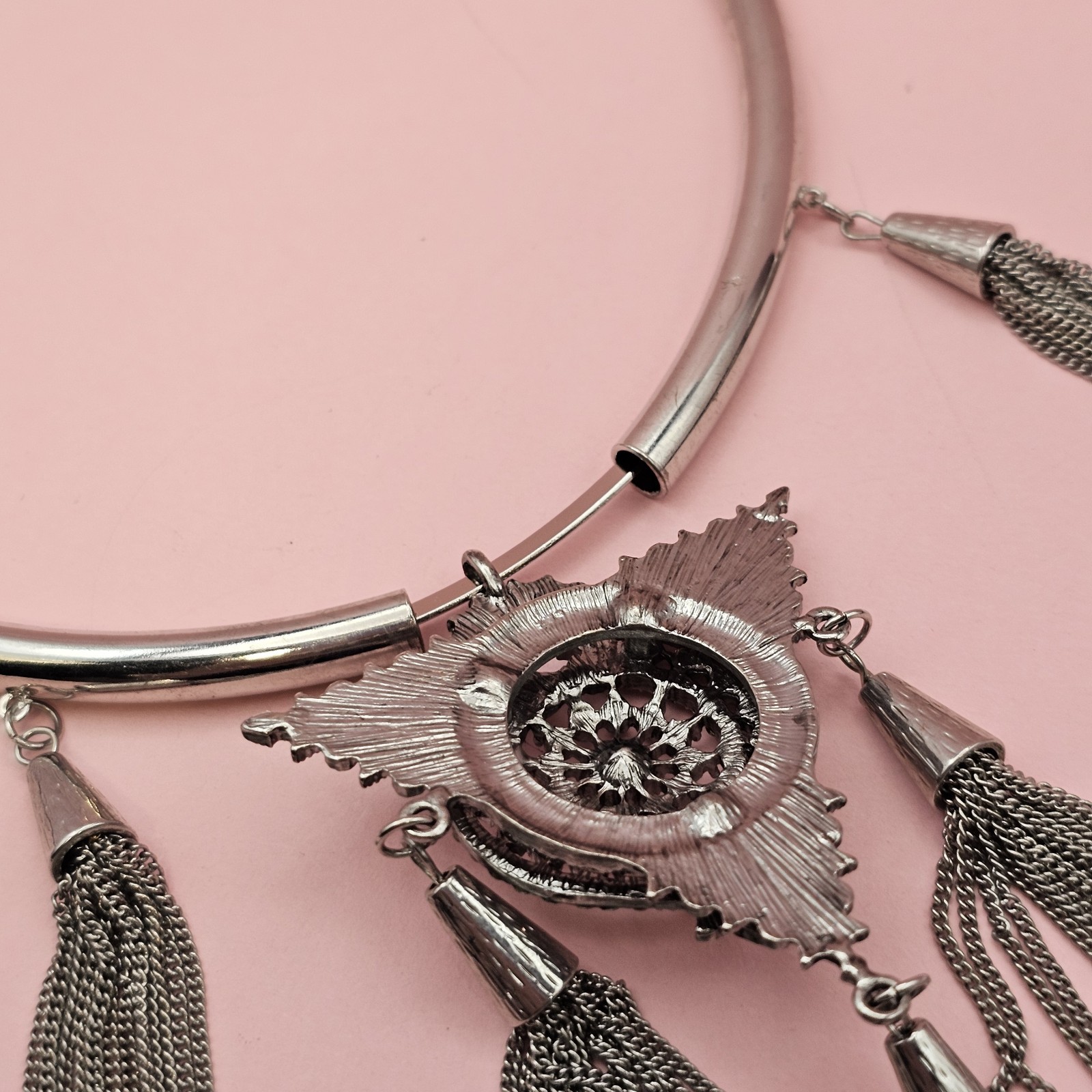 Designer Statement Necklace Silver tone Crystal Medallion Tassel Gypsy
