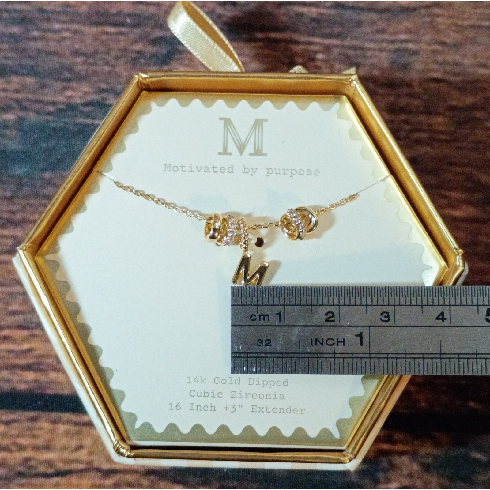 A New Day 14k Gold Dipped Initial M Necklace Cubic Zirconia 16-19 Inch NIB