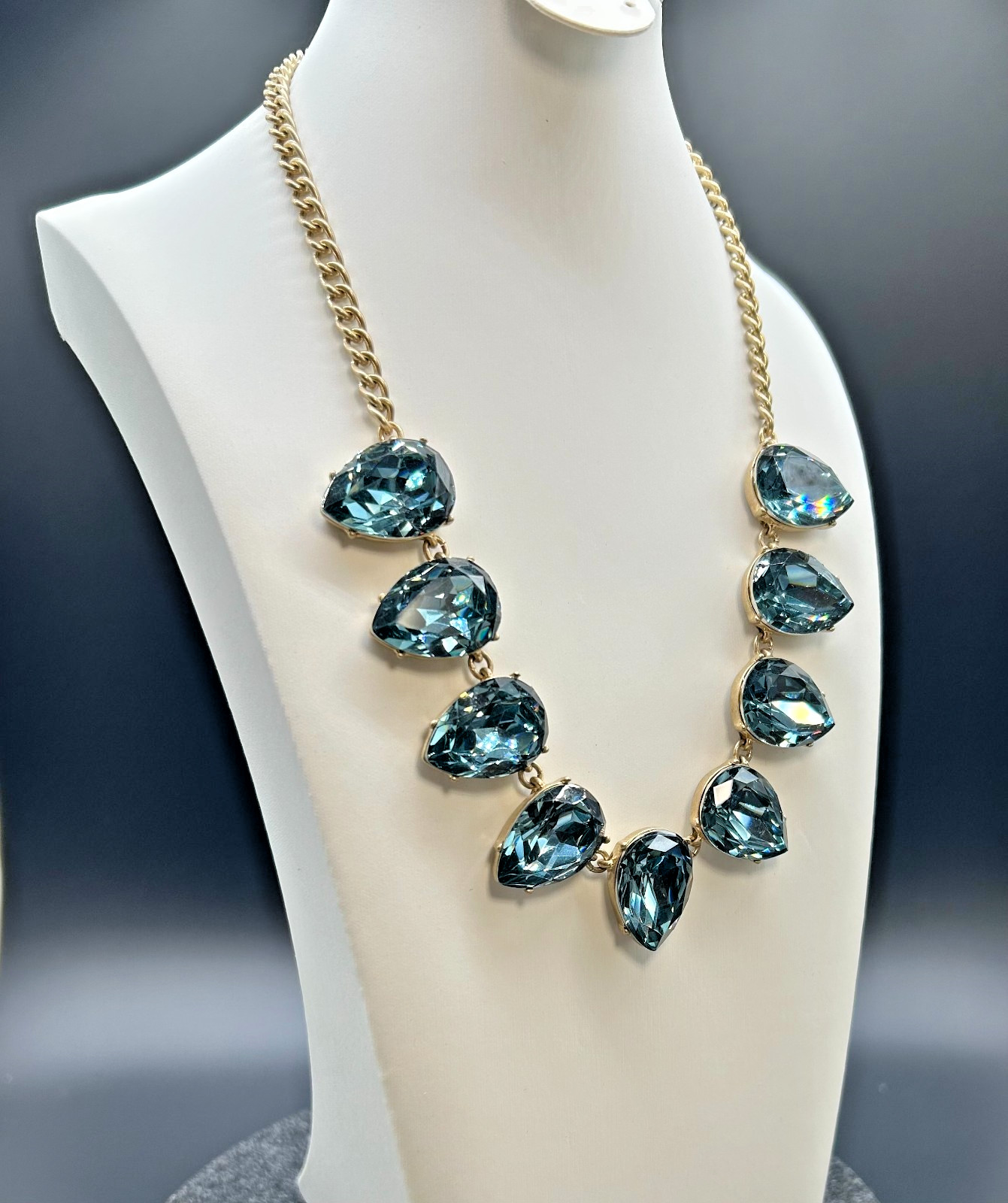 J Crew Crystal Teardrop Statement Necklace Blue Grey Bib Collar Gold Tone NWT