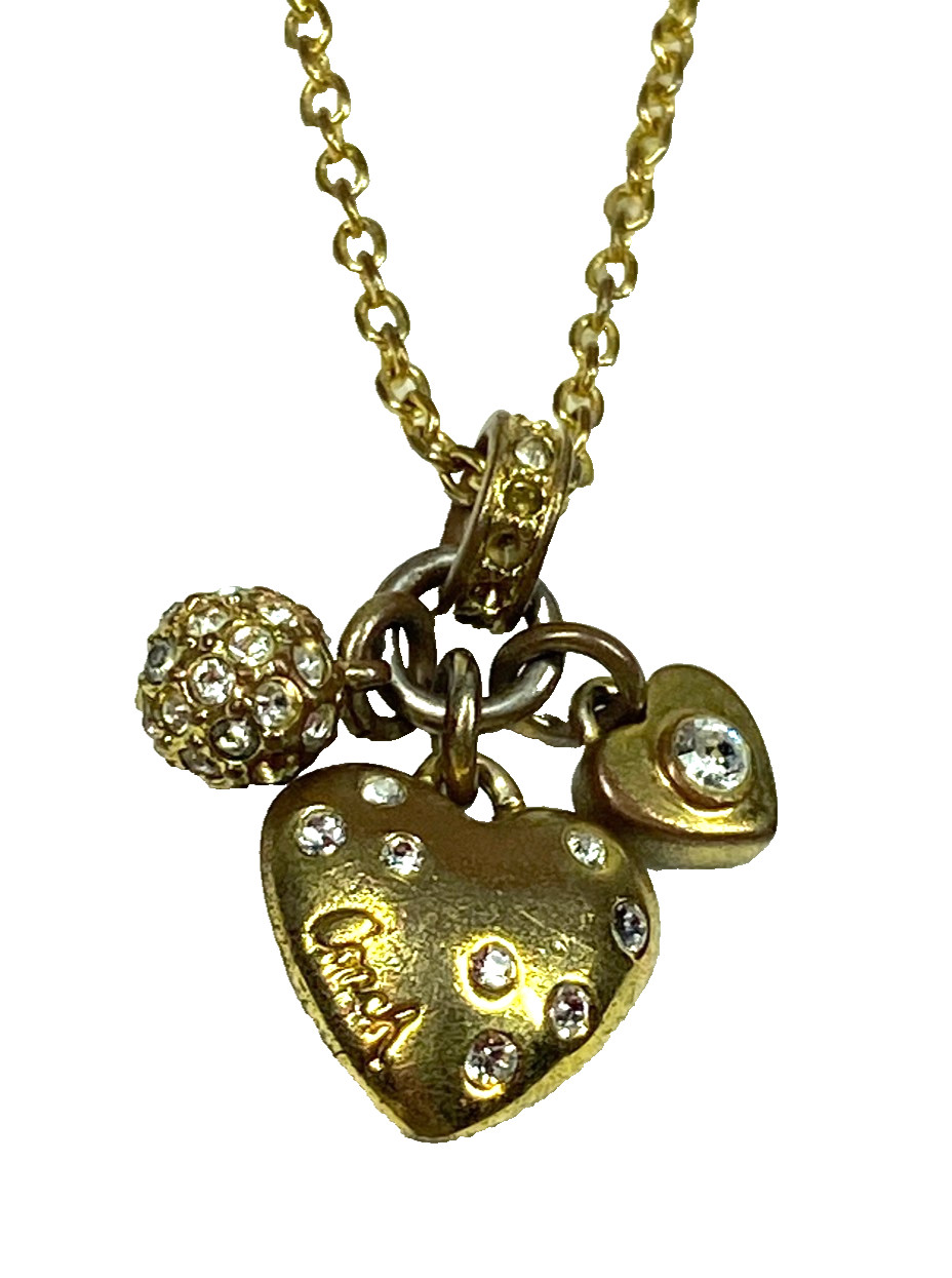 Coach Gold Tone Charm Necklace Heart With Clear Crystals Small Heart Crystal ++
