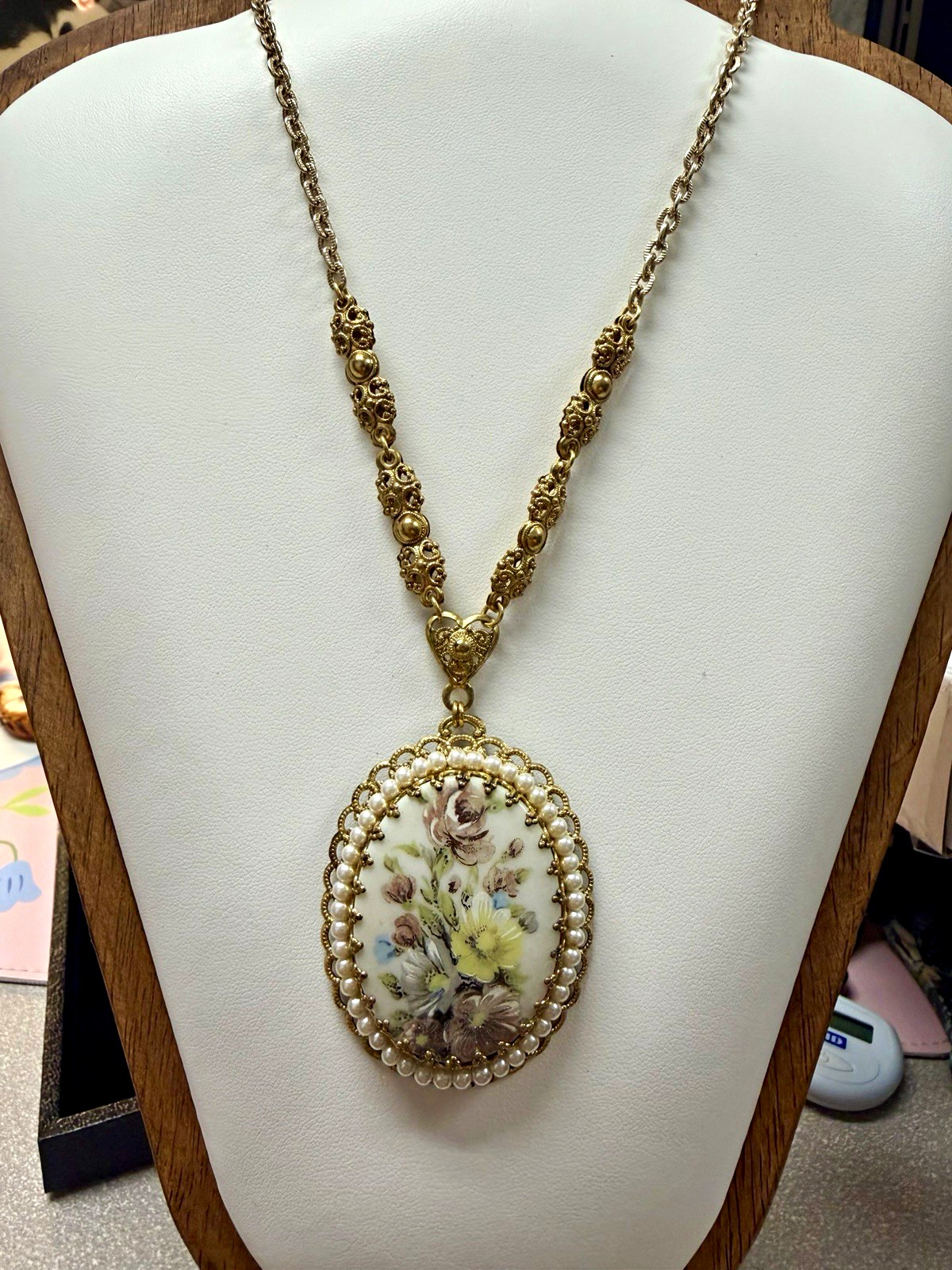 Vintage West Germany Painted Porcelain Floral Pendant 15”