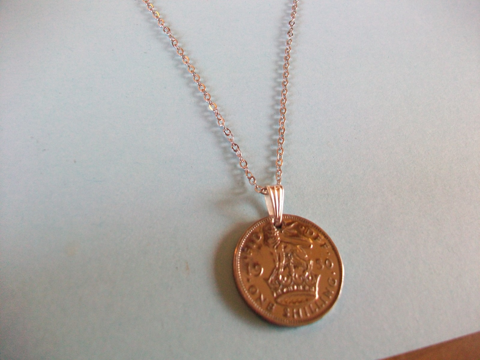 SHILLING COIN – ENGLISH – SILVER FINE LINK CHAIN PENDANT NECKLACE – 1948 to 1951