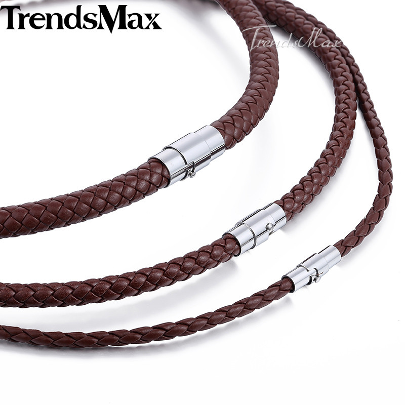 4/6/8mm Unisex Braided Leather Rope Choker Necklace Stainless Steel Magnet Clasp