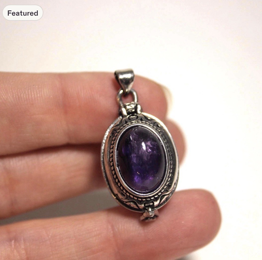 Amethyst Locket Pendant, Sterling Silver Plated Poison Pendant