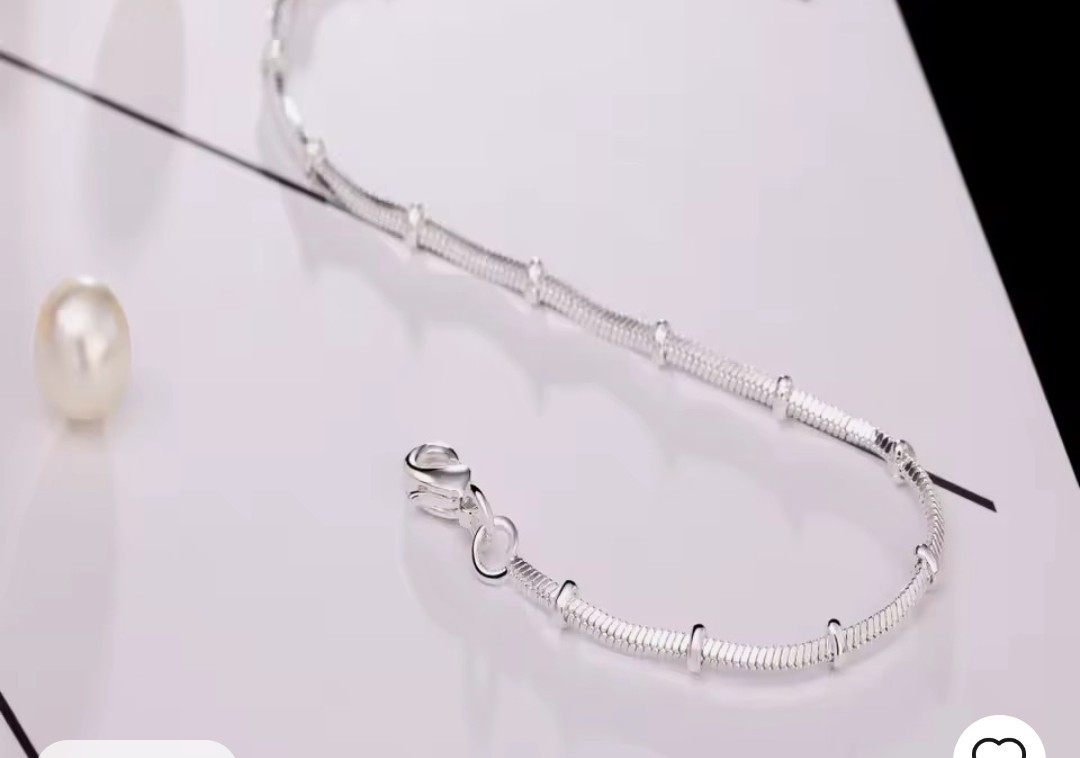 Snake Chain Necklace Silver Tone Metal Stations, No Stone, Lobster Clasp