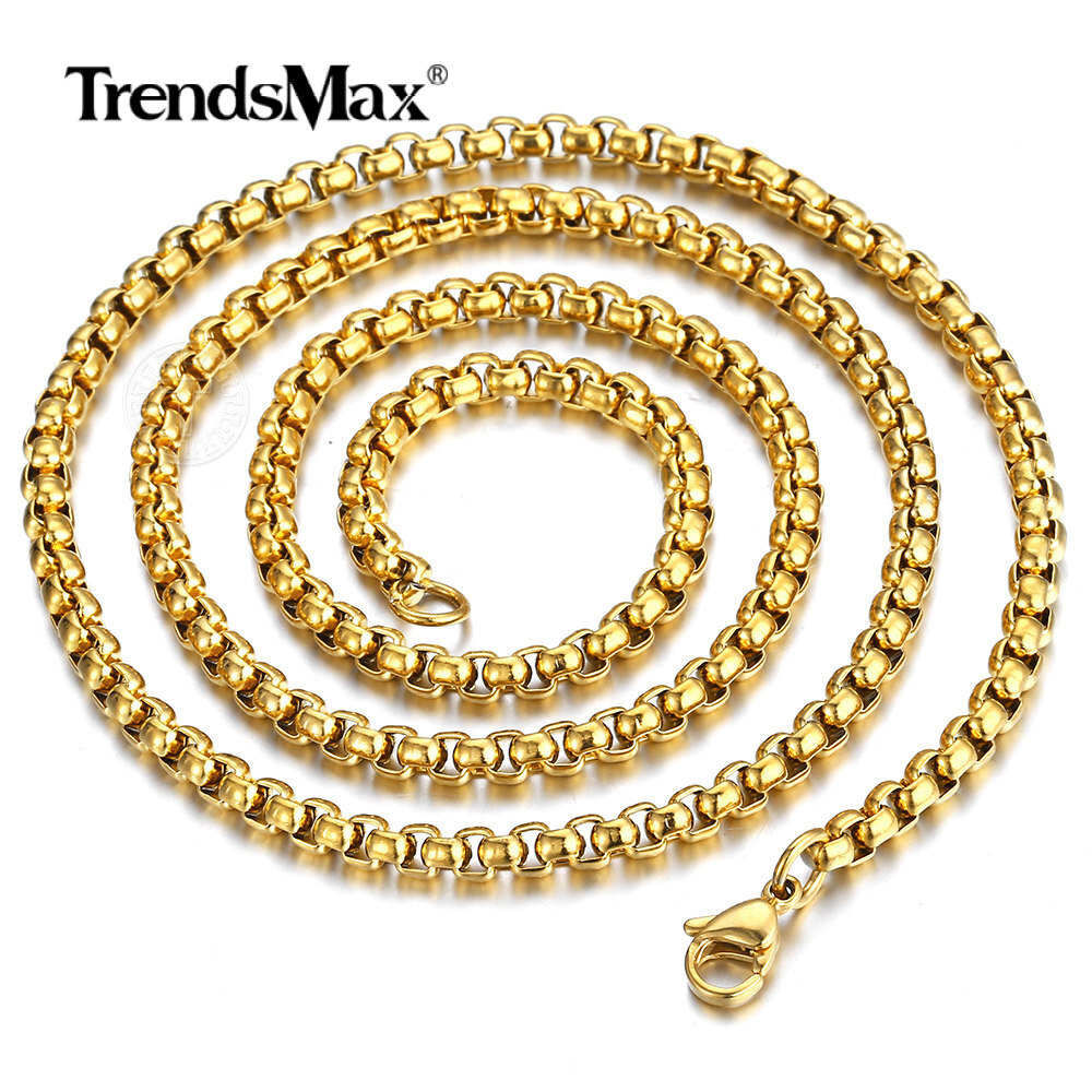 4mm Mens Womens Chain Gold Plated Stainless Steel Round Box Link Necklace 18-28″