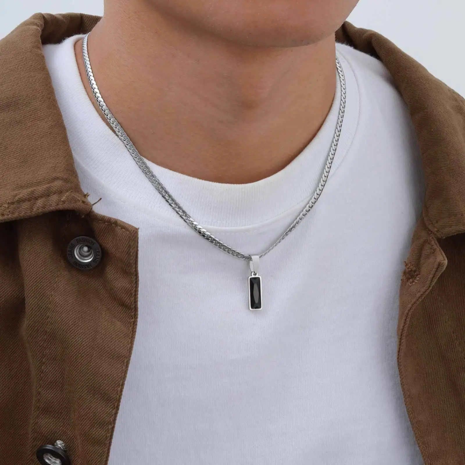Men’s Stainless Steel Geometric Pendant Necklace Silver Cuban Chain Hip Hop