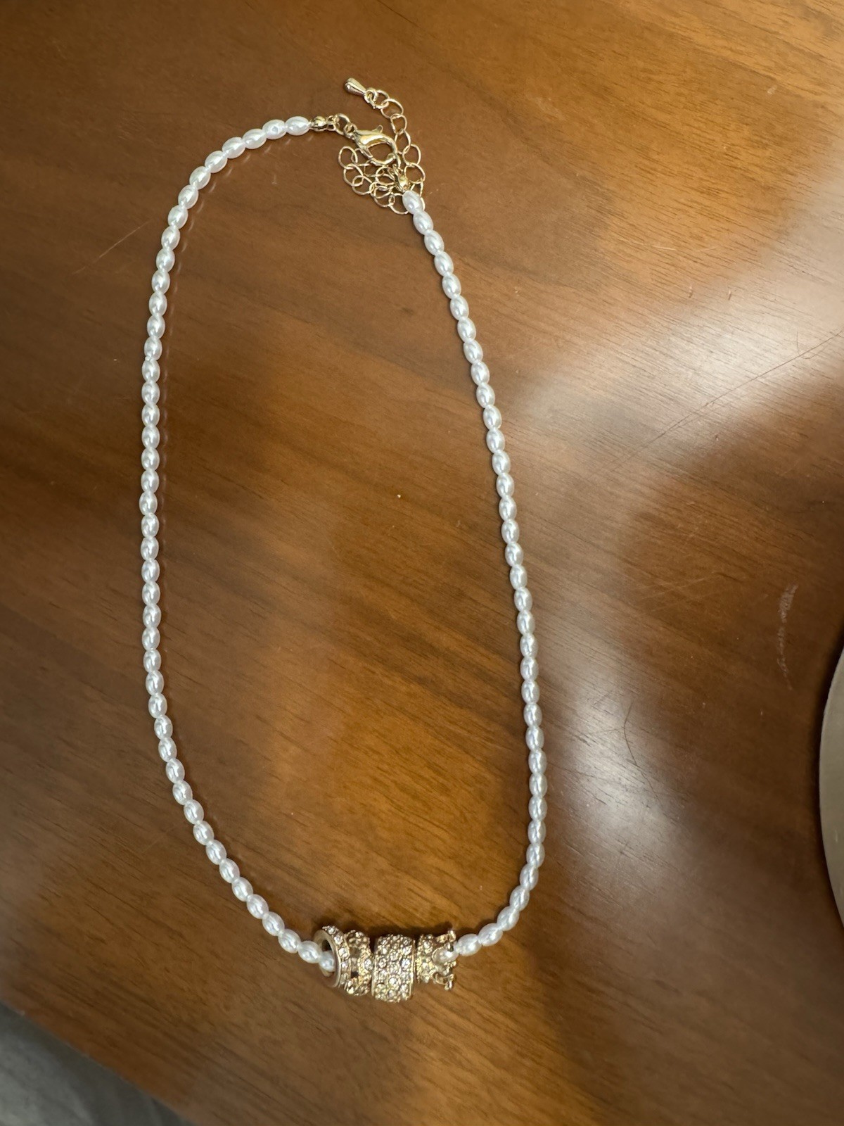 Caroline Hill Faux Pearl Beaded Necklace Gold Rhinestone Crown Charm Adjustable