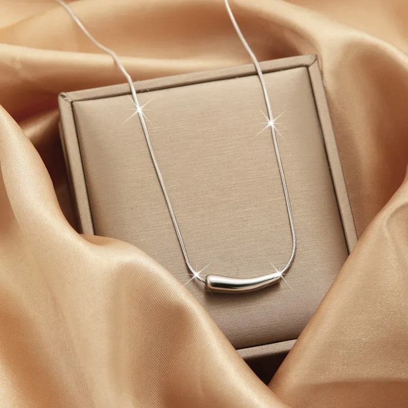 201 Stainless Steel Silver Curved Bar Pendant Necklace Snake Chain