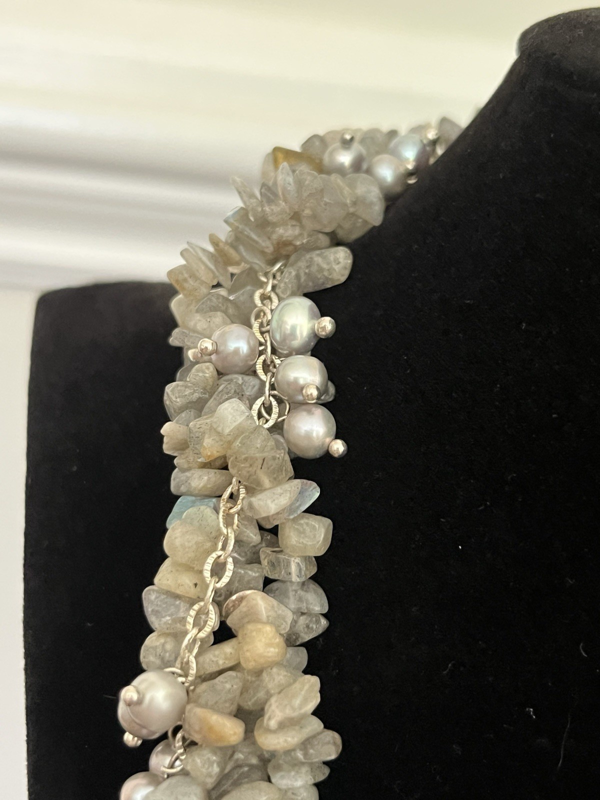 Labradorite and Pearl Statement Necklace 16″ – Beaded Collar Multi Strand Twist