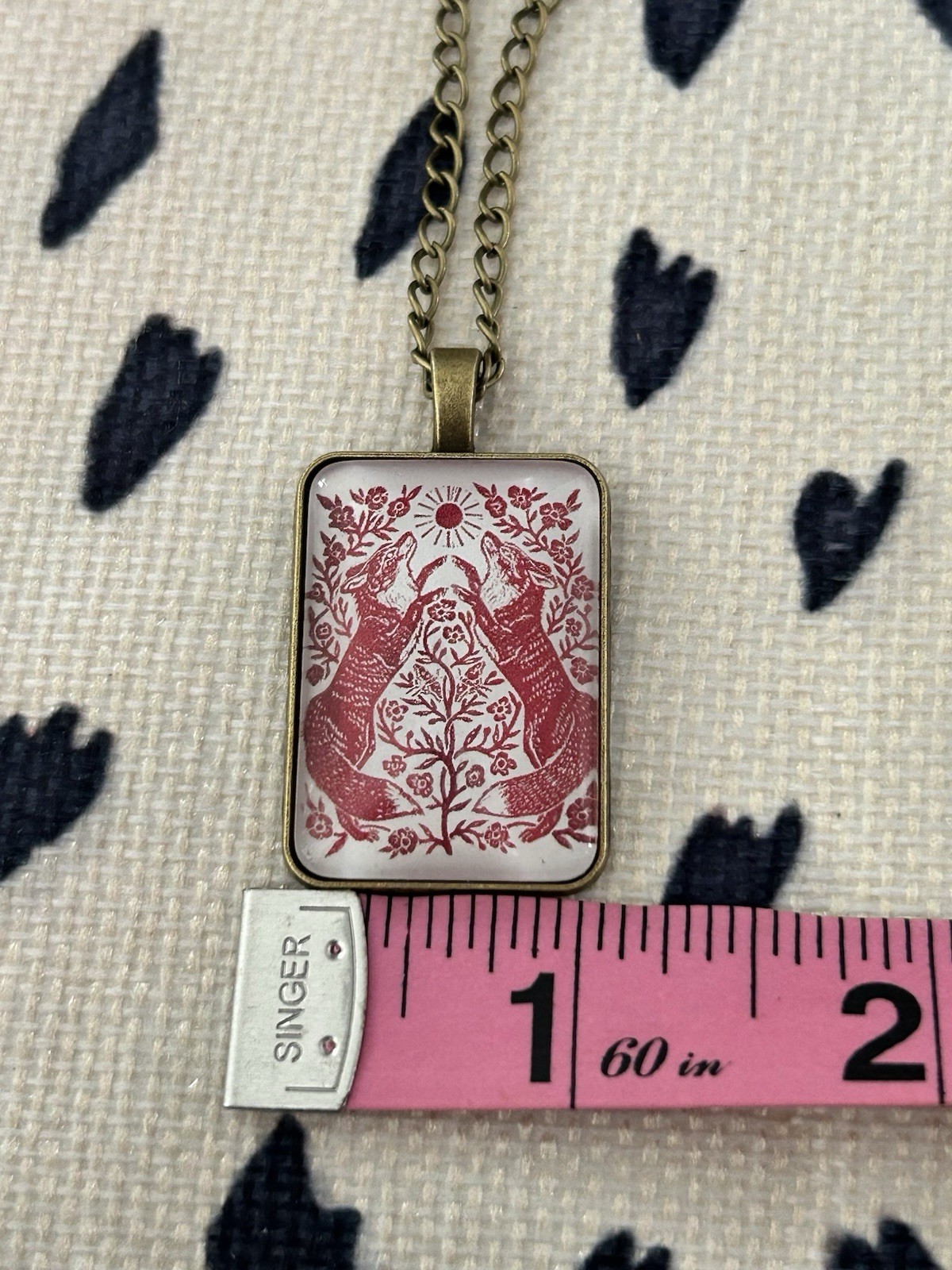 Antique Brass Flora And Fauna Fox Pendant Necklace Ivory/Deep Red 1.5”x1”