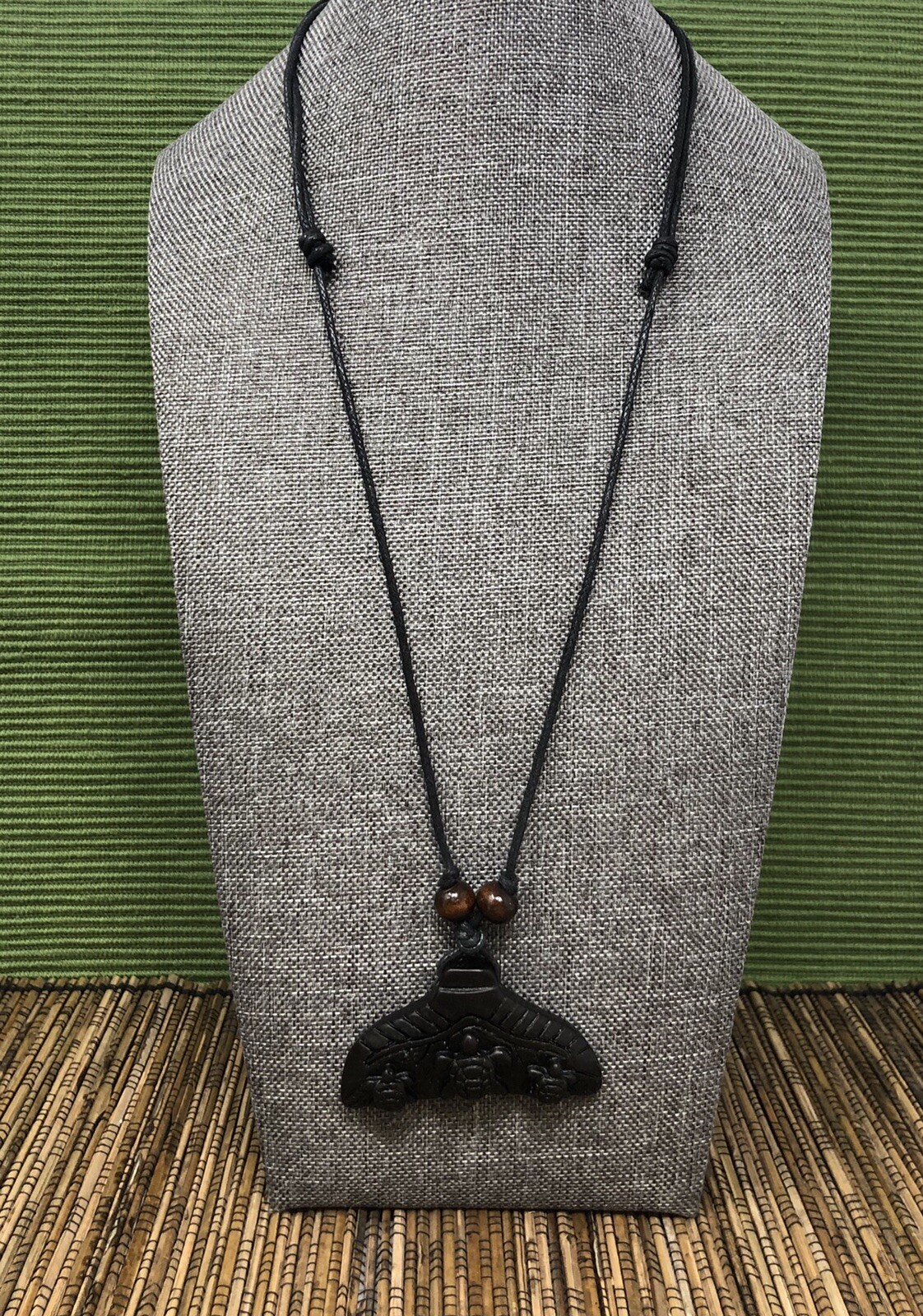 Black Whale Tail Necklace – Carved Pendant with Turtles Engraved Adjustable