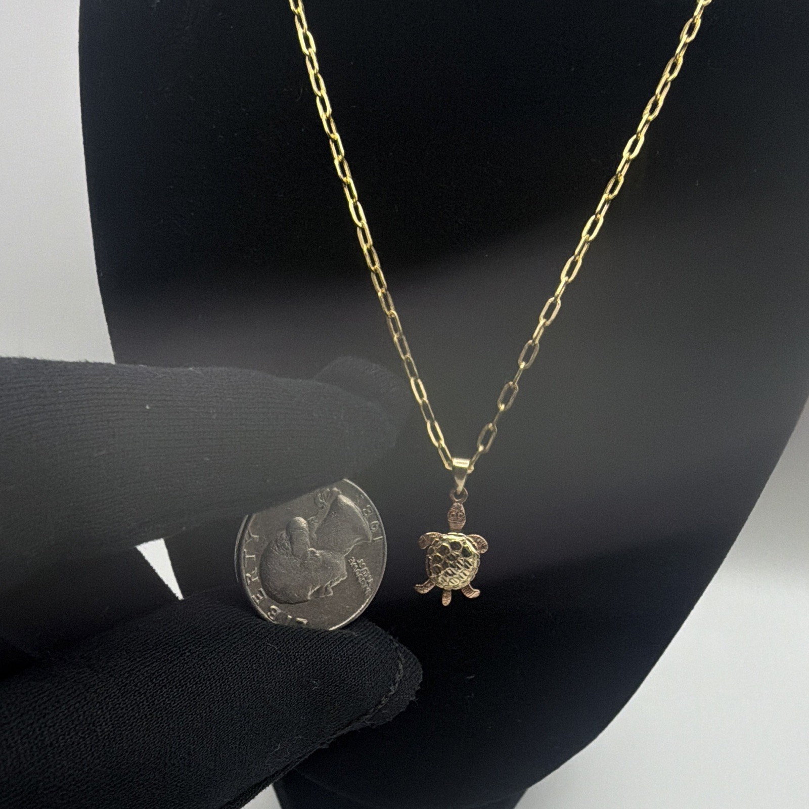 14K Two-Tone Turtle Pendant & 10K Real Solid Gold 18″ 2.2mm Paperclip Chain