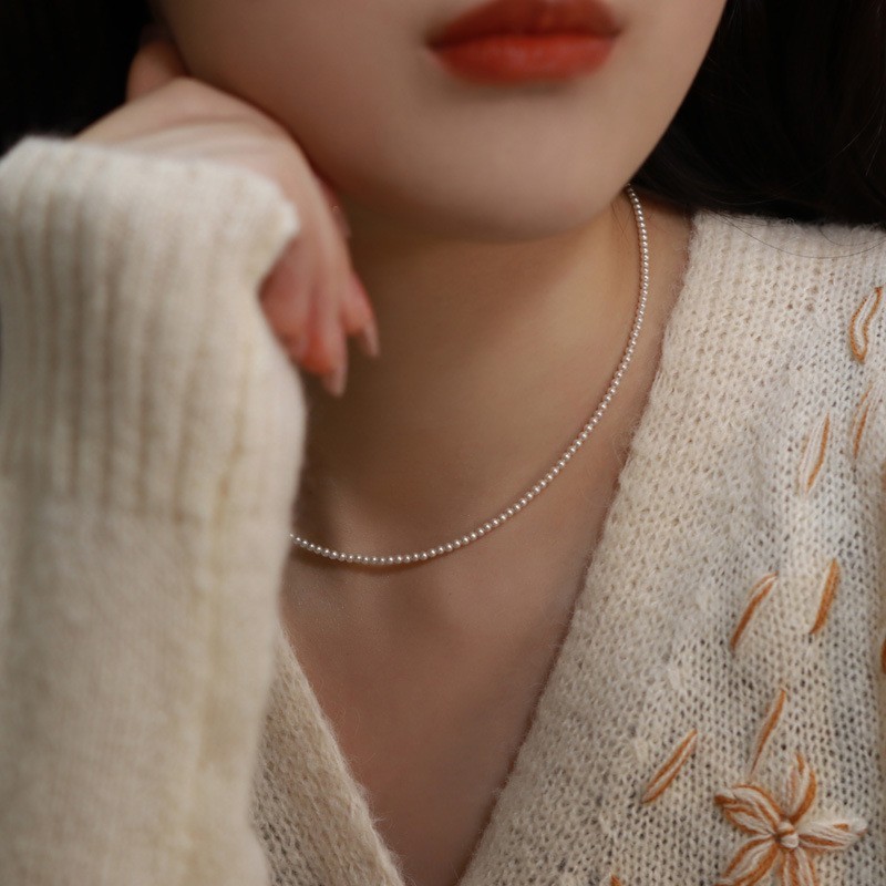 2 mm White Pearls Thin Chain Choker Necklace Lobster Clasp Adjustable