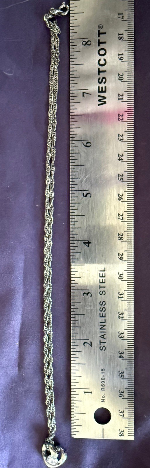 Silver Rope Chain Necklace Crystal Pendant Asymmetrical 18in Spring Ring