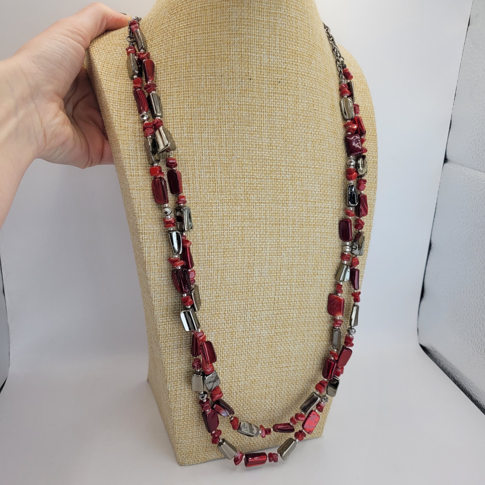 Long Layered Red Glass and Black Grey Hematite Tone Bead Necklace