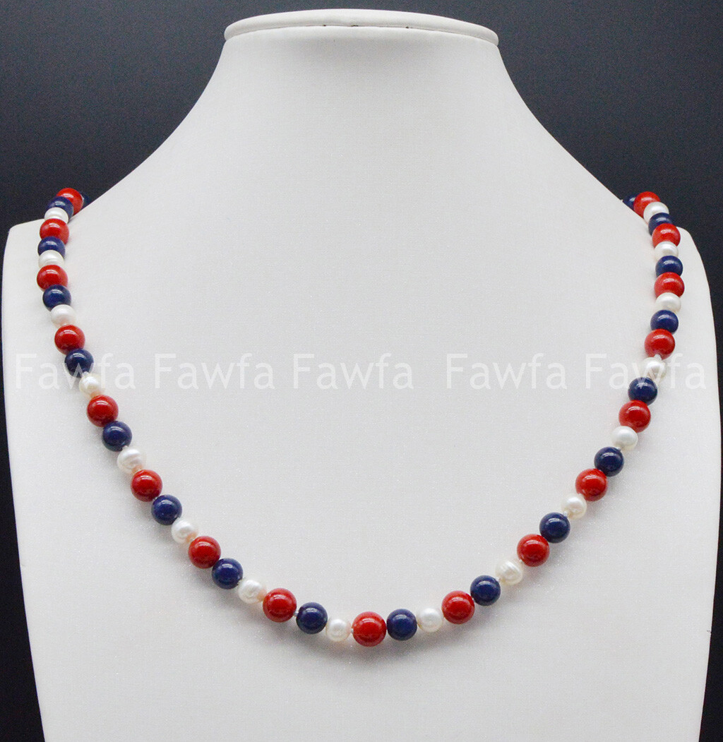 6-7mm White Pearl 8mm Red Coral Blue Lapis lazuli Round Beads Necklace 16-100”