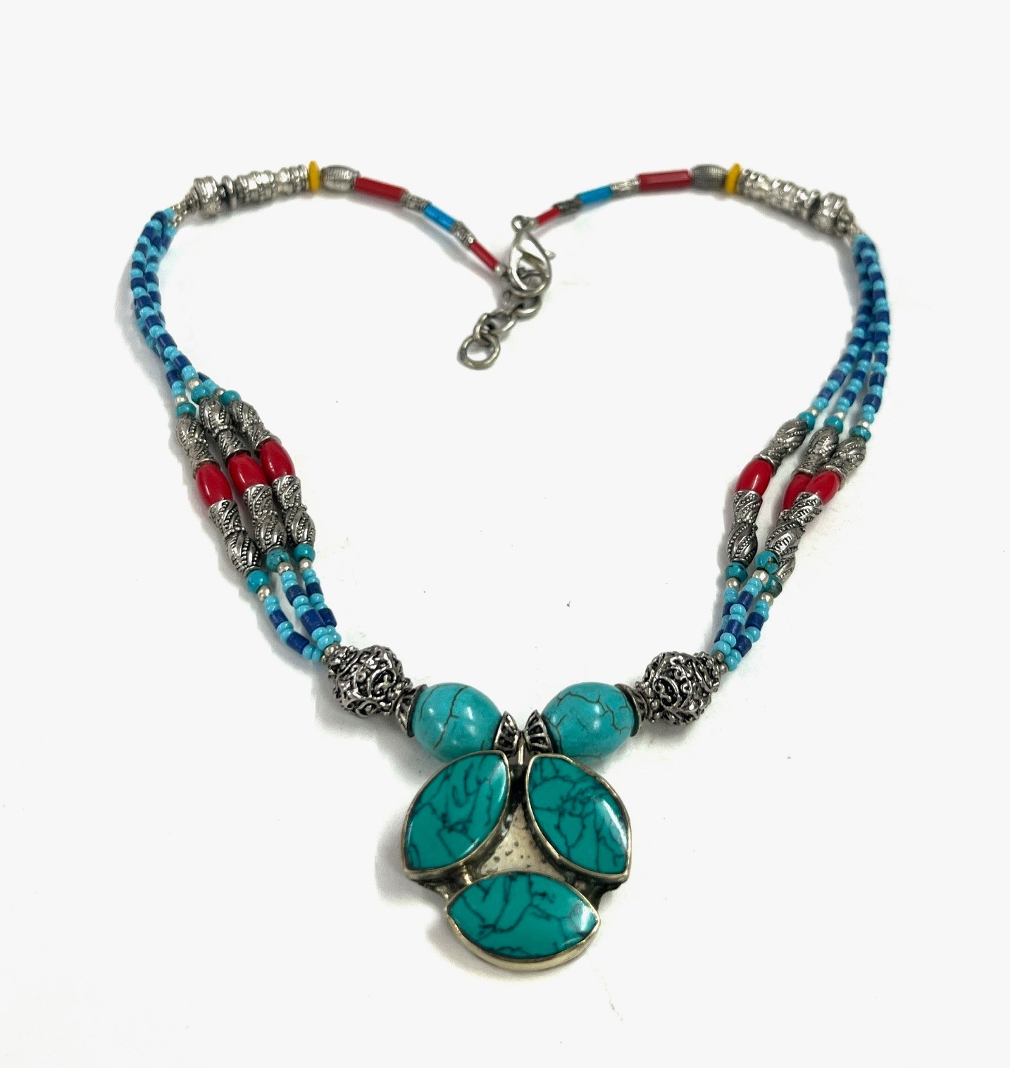 Antique Turquoise Coral Gemstone Tibetan Style Necklace Jewelry, 16 Inch Adjs
