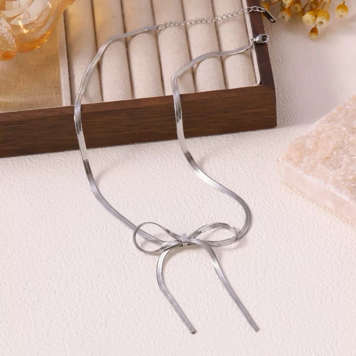 925 Silver Bow Necklace Snake Chain Choker Ribbon Pendant Necklace Coquette 054