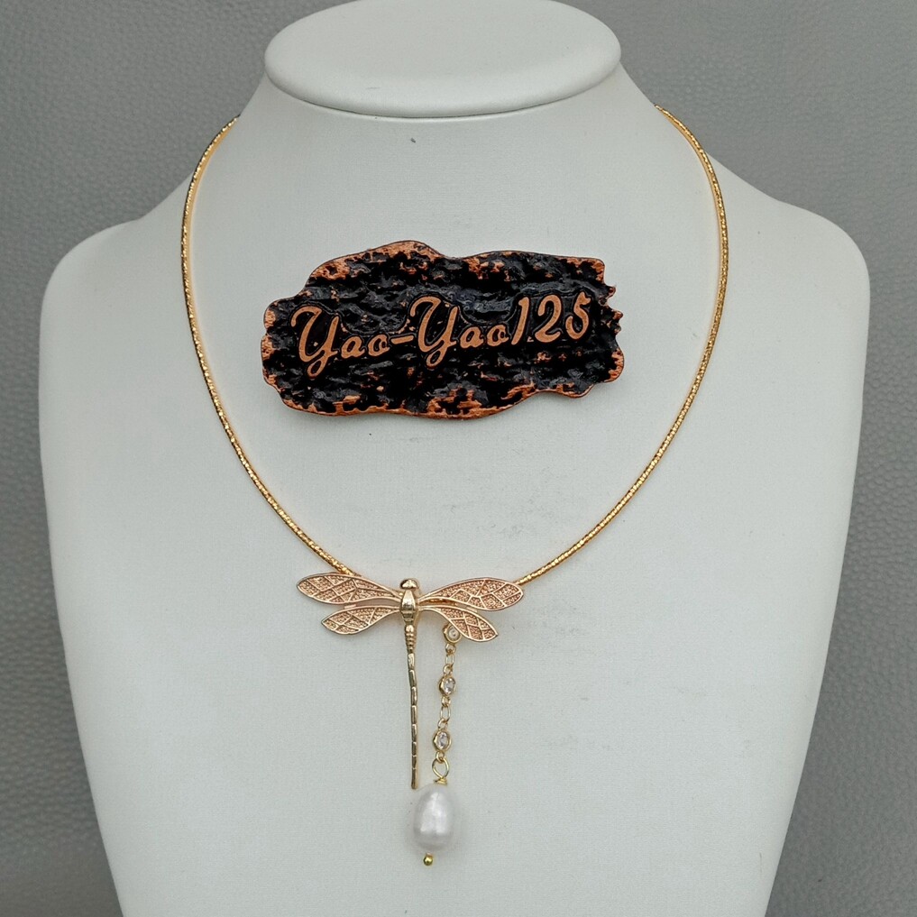 Gold Plated Dragonfly Charms White Rice Pearl Choker Necklace 16″