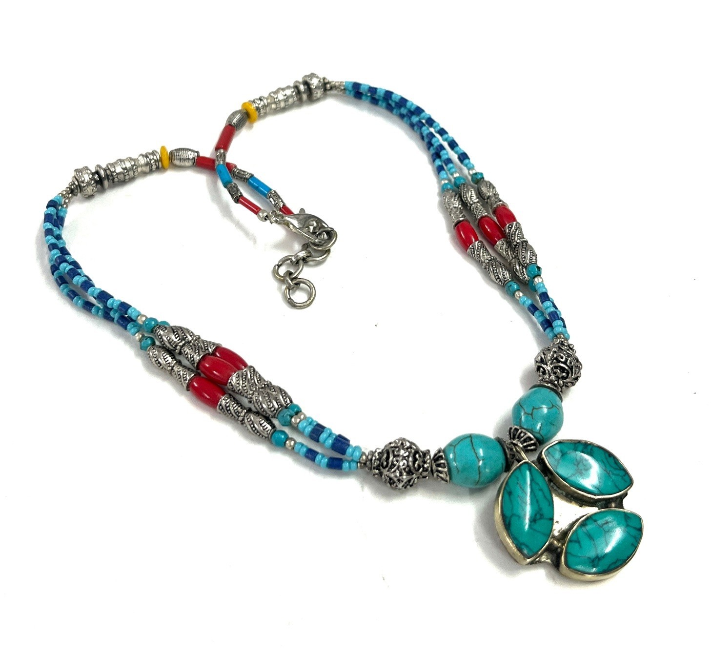 Antique Turquoise Coral Gemstone Tibetan Style Necklace Jewelry, 16 Inch Adjs