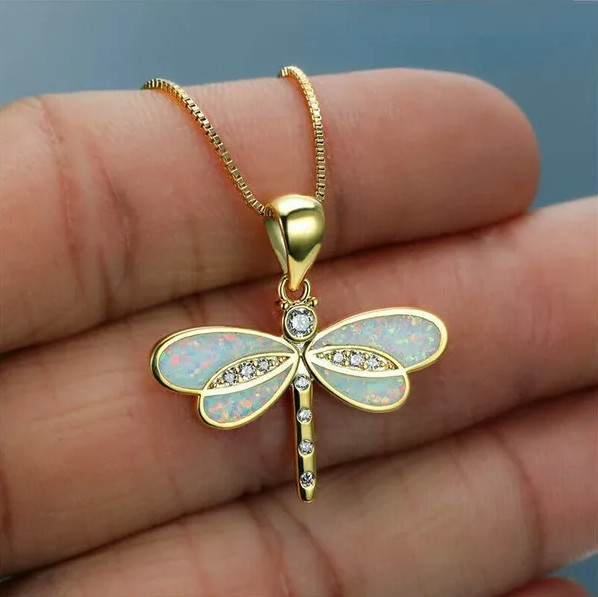 White Opal Dragonfly Gold Pendant Necklace Cyrstal – Beautiful Nature, Elegant