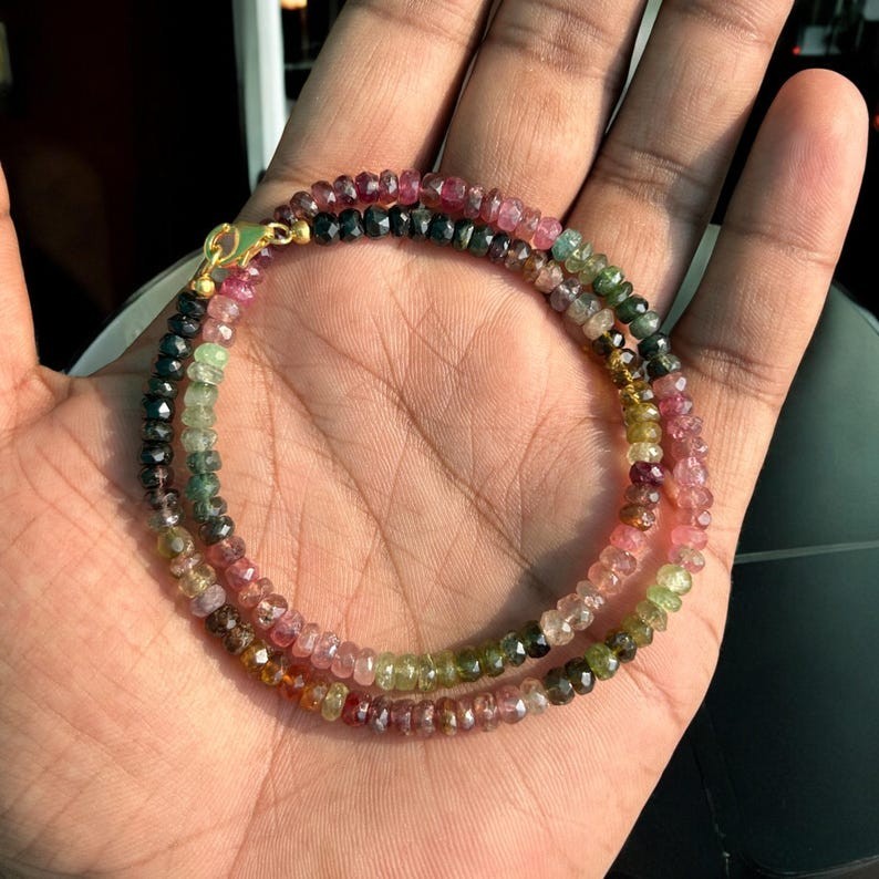 AAA Multi Tourmaline Faceted Rondelle Gemstone Beads Necklace 18” Women & Girls