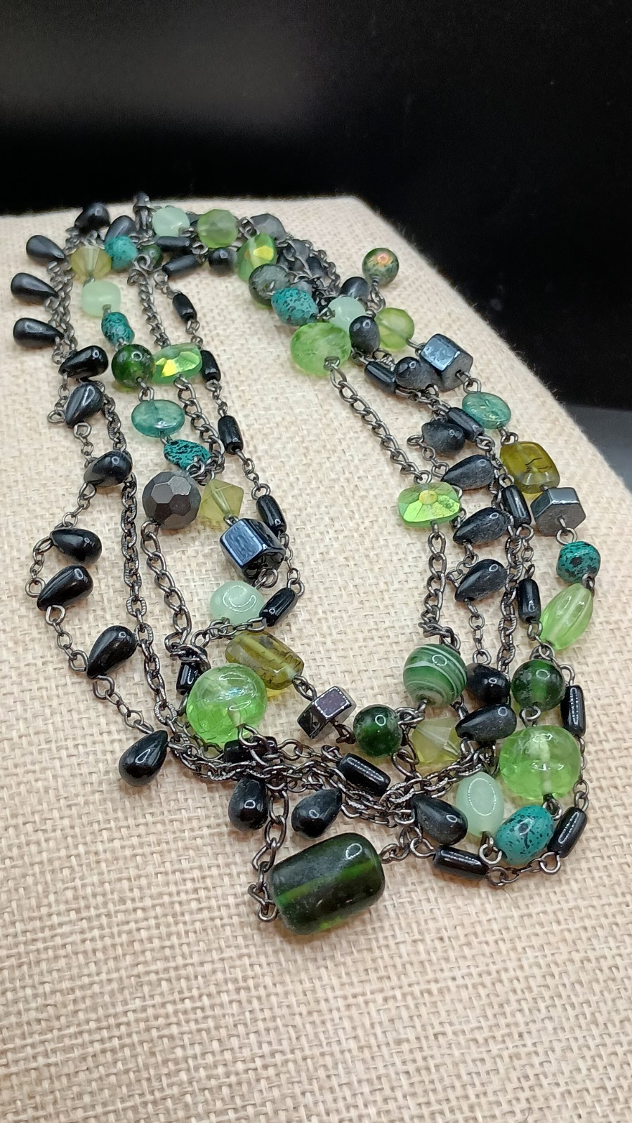 Lia Sophia Herb Garden Necklace Multistrand Green Blue Glass Hematite 17-20″