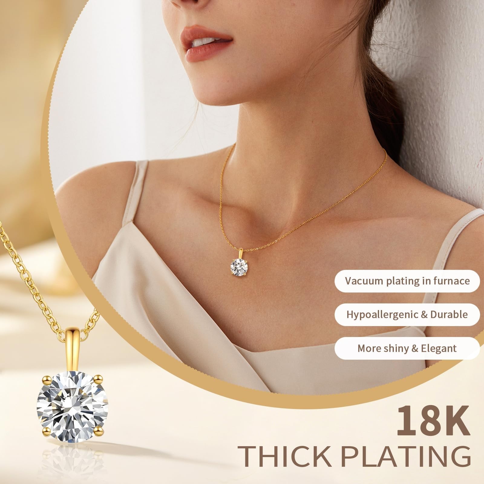 2-Carat Cubic Zirconia Heart & Round Pendant Necklace, 18K Gold-Plated for Women