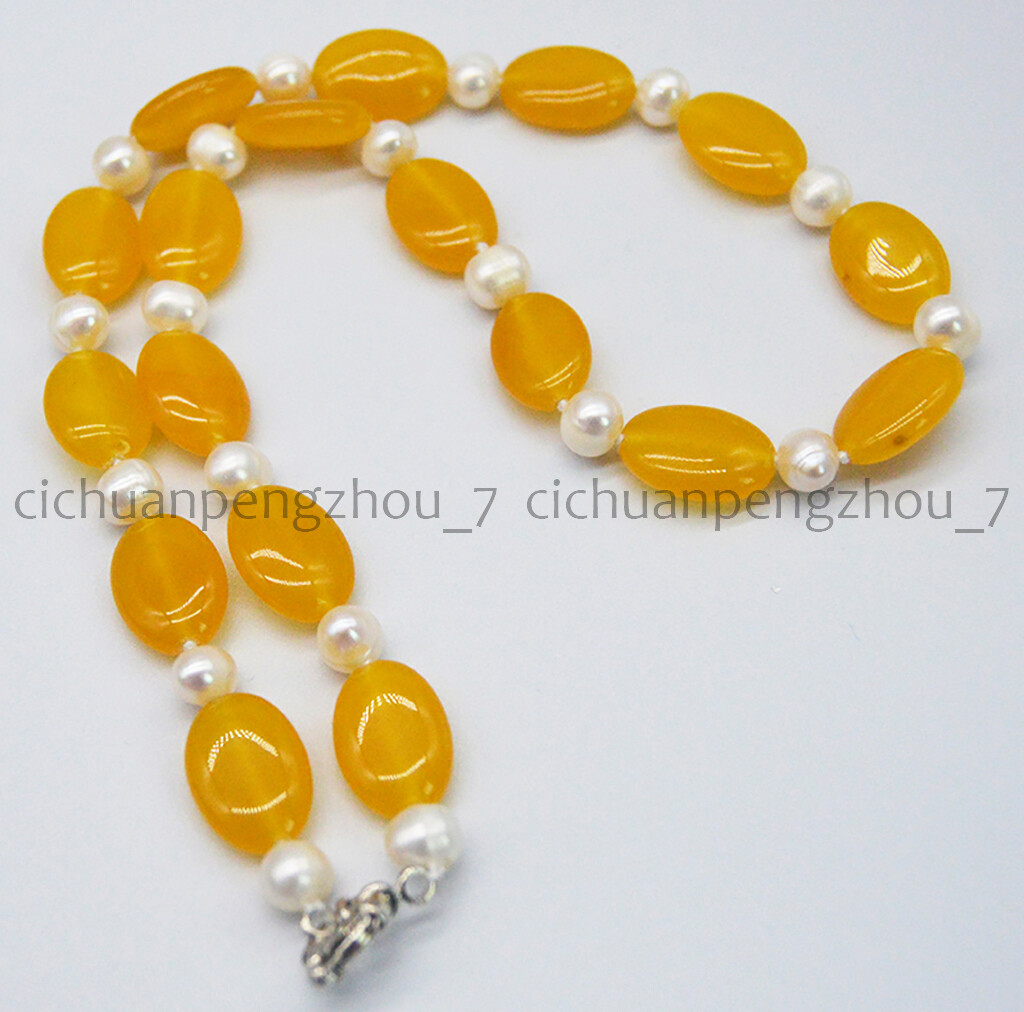 Natural 7-8mm White Freshwater Pearl 13x18mm Oval Yellow Topaz Necklace 14-36”