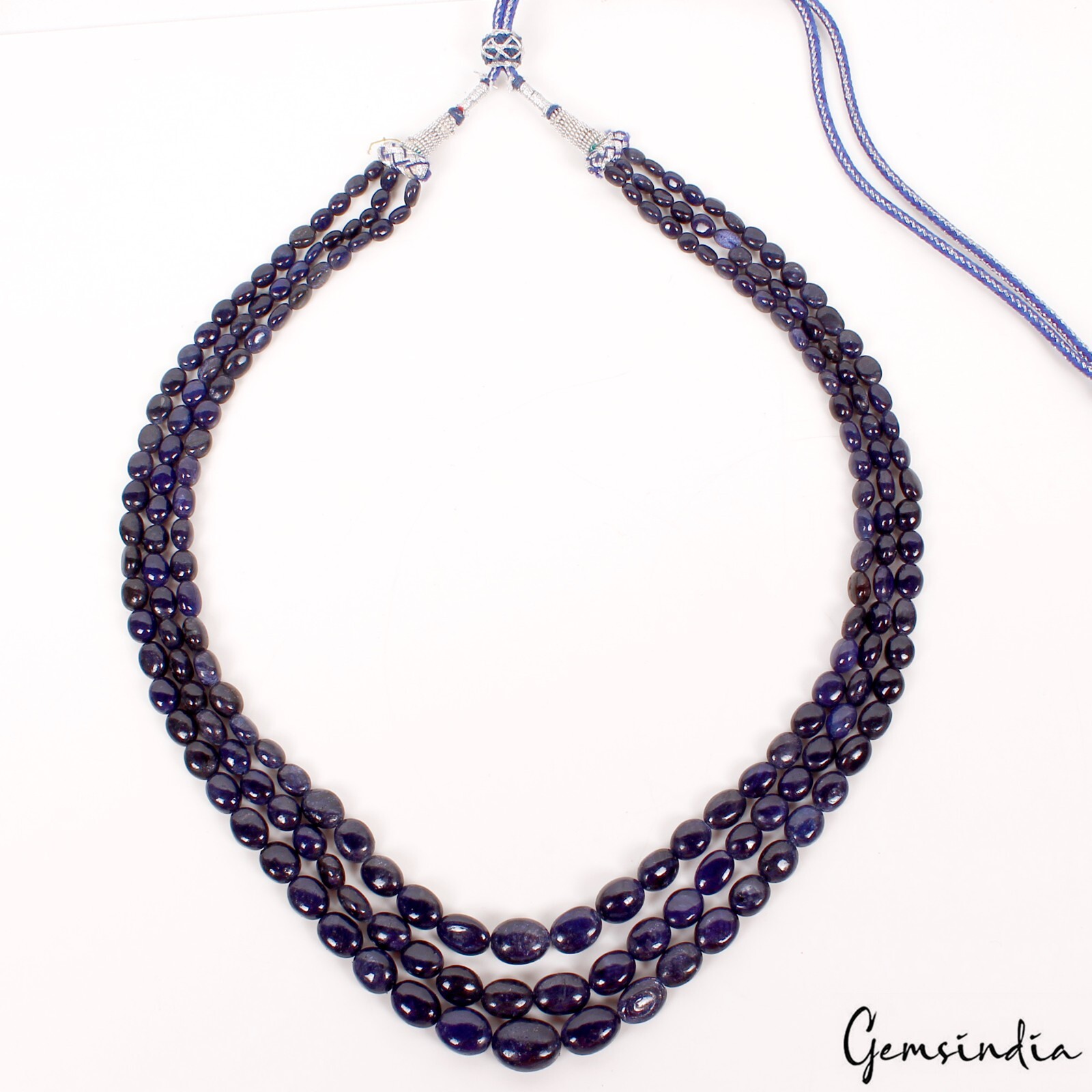 Natural Dark Blue Sapphire Oval Beaded 3 Strand Adjustable Necklace Jewelry 22″