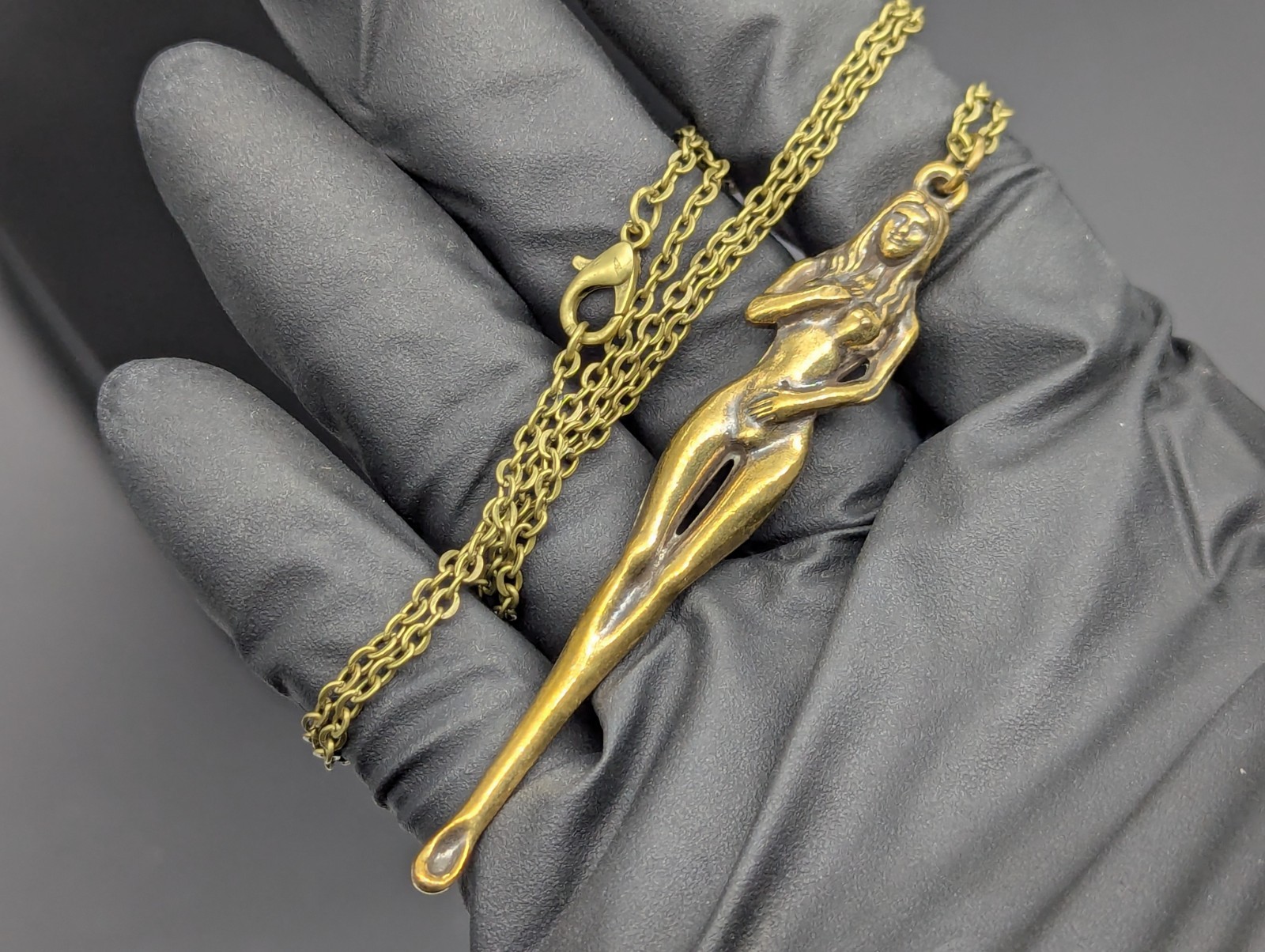 24″ Antiqued Bronze Retro Burlesque Nudie Girl Spoon w/ Steel Link EDC Necklace
