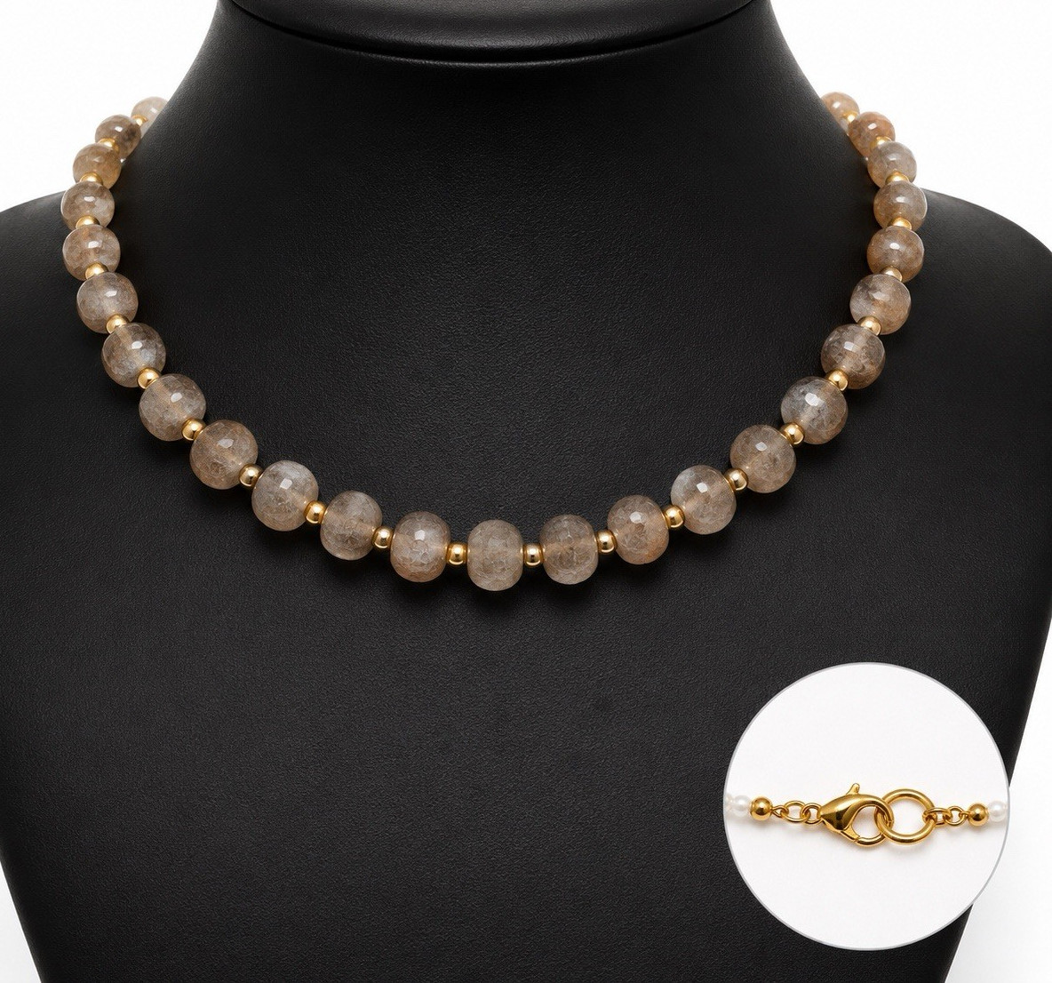 Gray Quartz Round Beaded Choker Necklace Gold Tone Lobster Clasp Ball/Bead