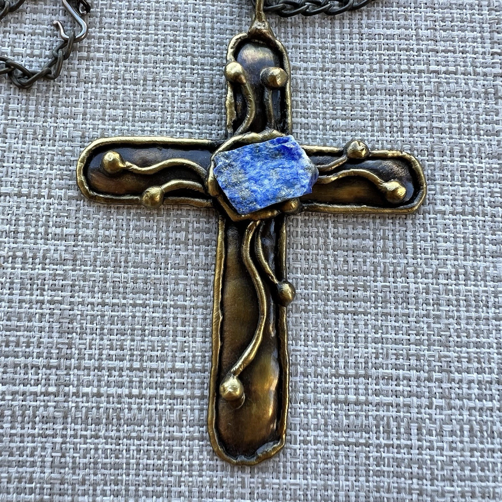 Brutalist Brass Cross Accented with Blue Lapis on 24” Chain