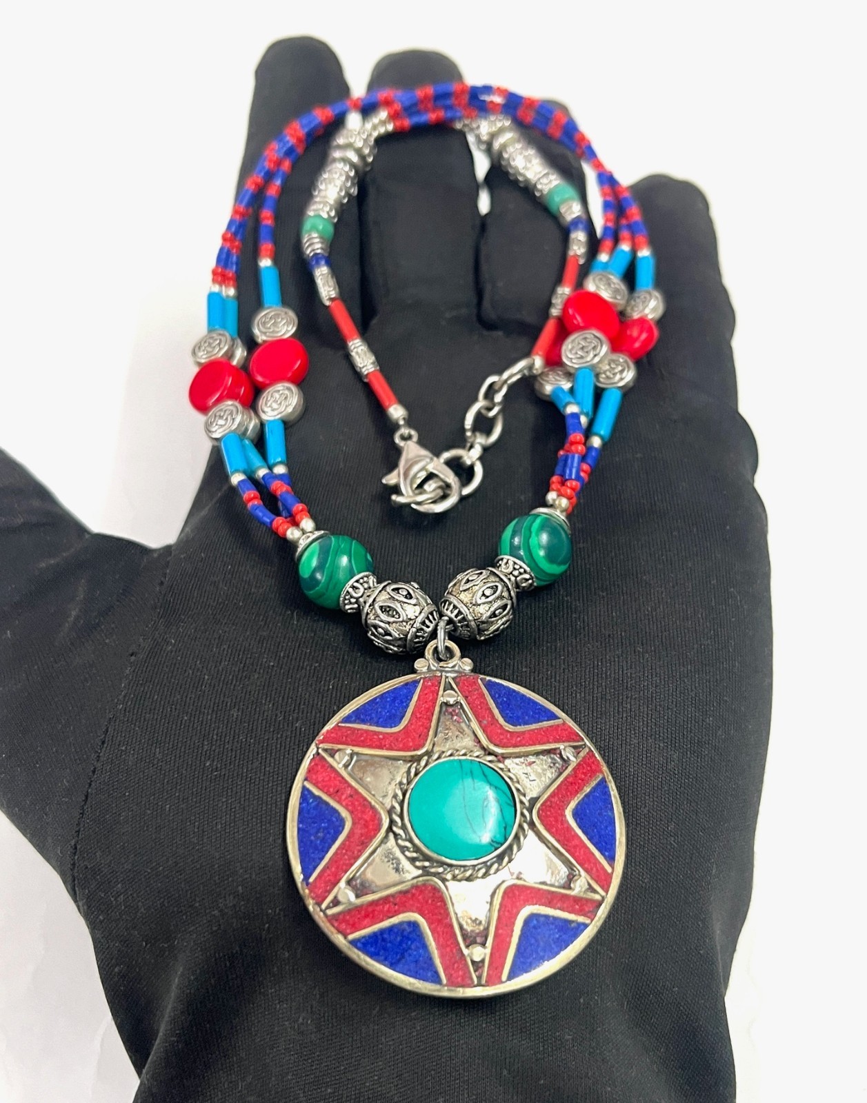 Handcrafted Lapis Coral Gemstone Tibetan Boho Necklace Jewelry, 16 Inch Adjs