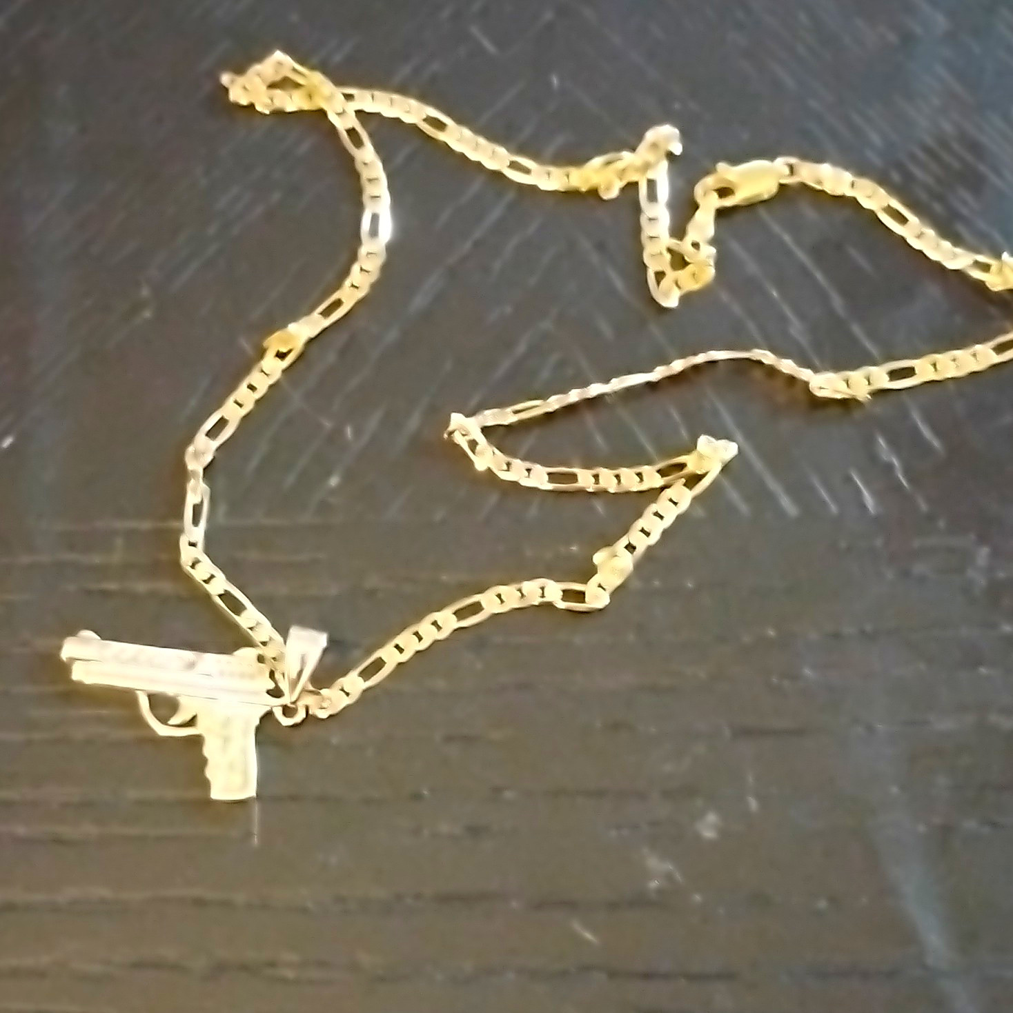14k Gold Plated Gun Charm Pendant Necklace Bar Link Chain Lobster Closure