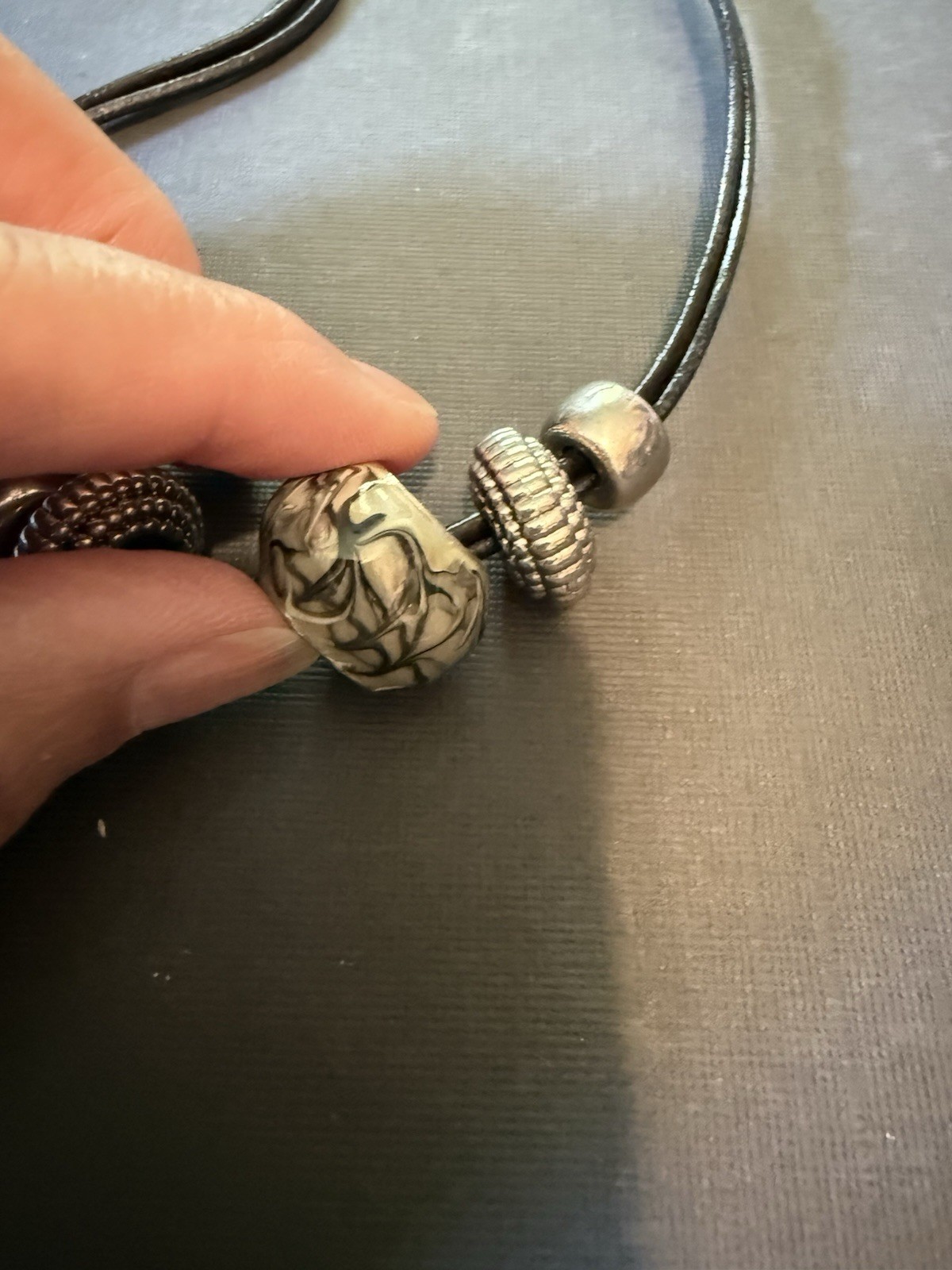Chico’s Women’s Necklace – Black Faux Leather W Lg Painted Bead + 4 Silver Bead