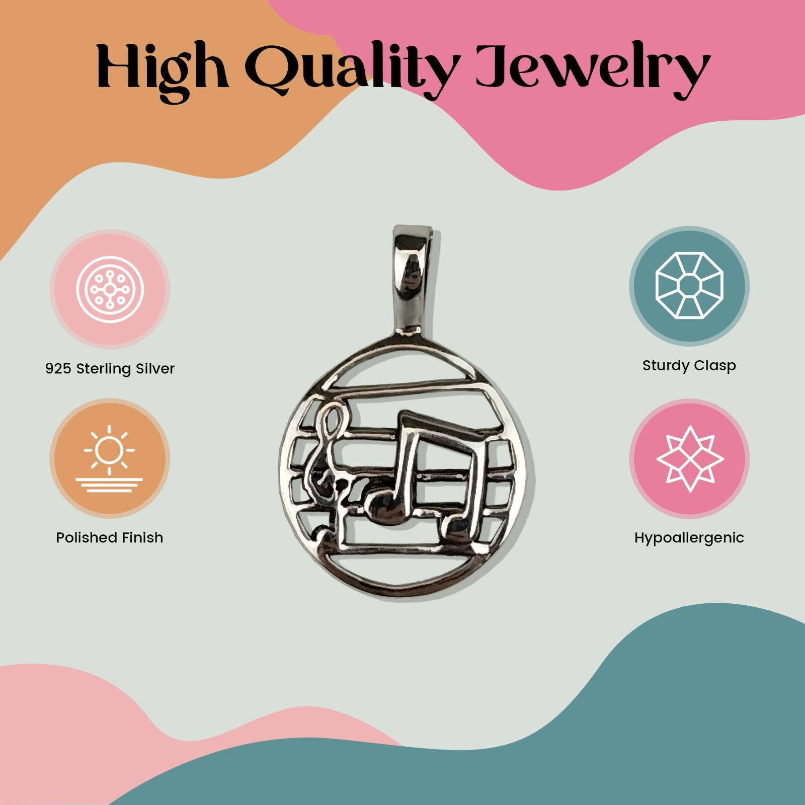 FashionJunkie4Life Sterling Silver Round Music Pendant with 18″ Chain