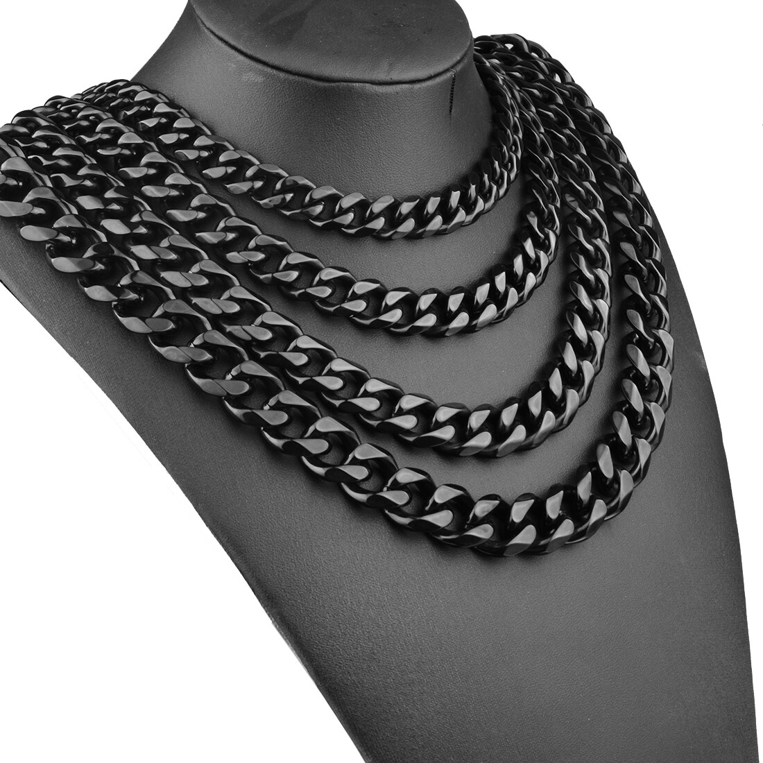 12/15/19/17MM Heavy Black Tone 316L Stainless Steel Men’s Curb Chain Necklace