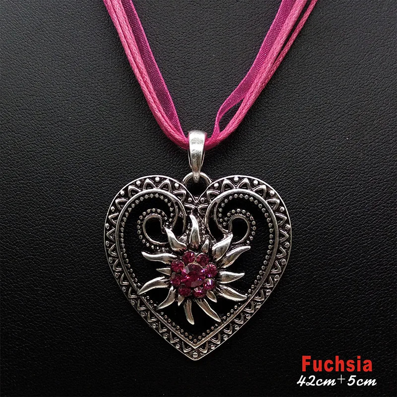 New Vintage Heart Edelweiss Flowers Necklace Organza Ribbon Pendant Women
