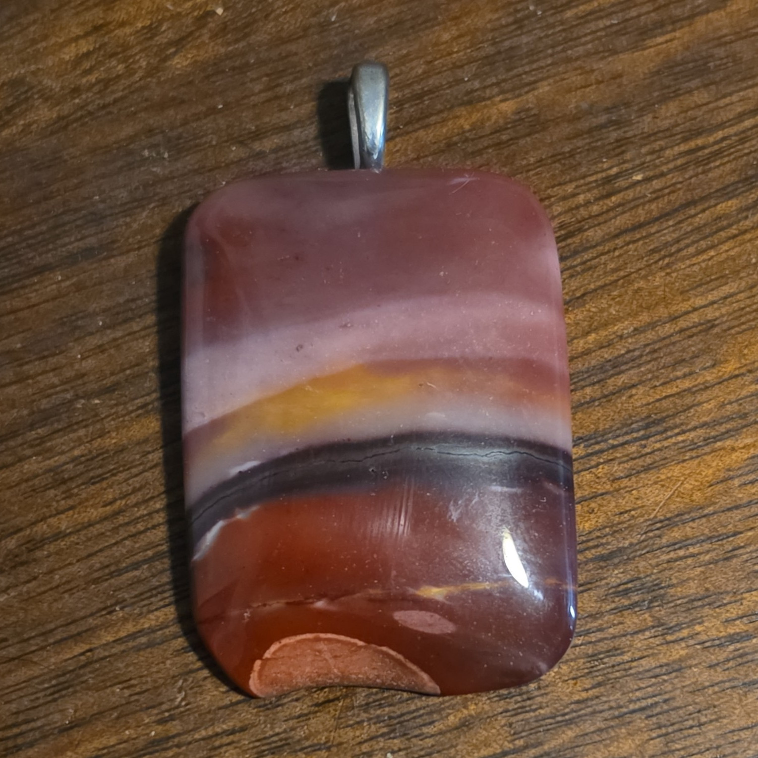 Banded Rectangle Stone Charm Pendant, Brown/Red/Purple, Metal Bail Bezel