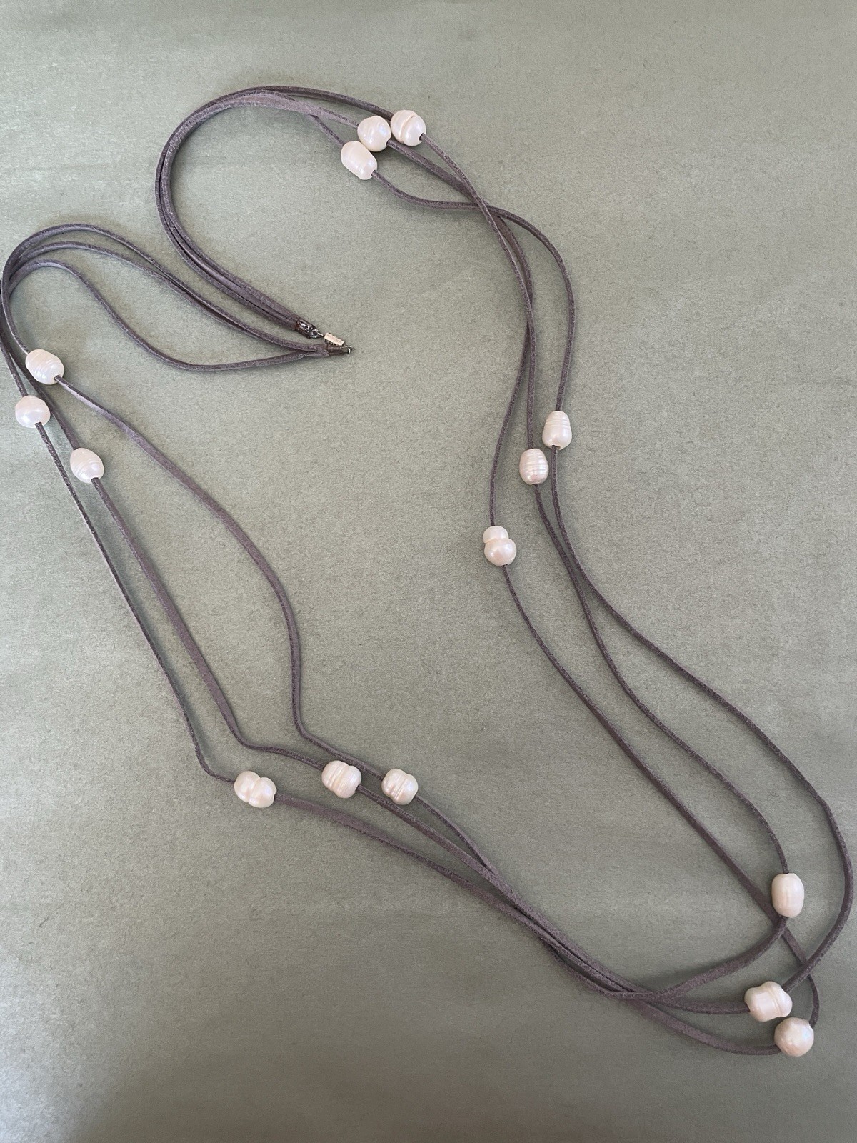 Layered Gray Leather Cord Necklace White Baroque Pearls Adjustable 36in