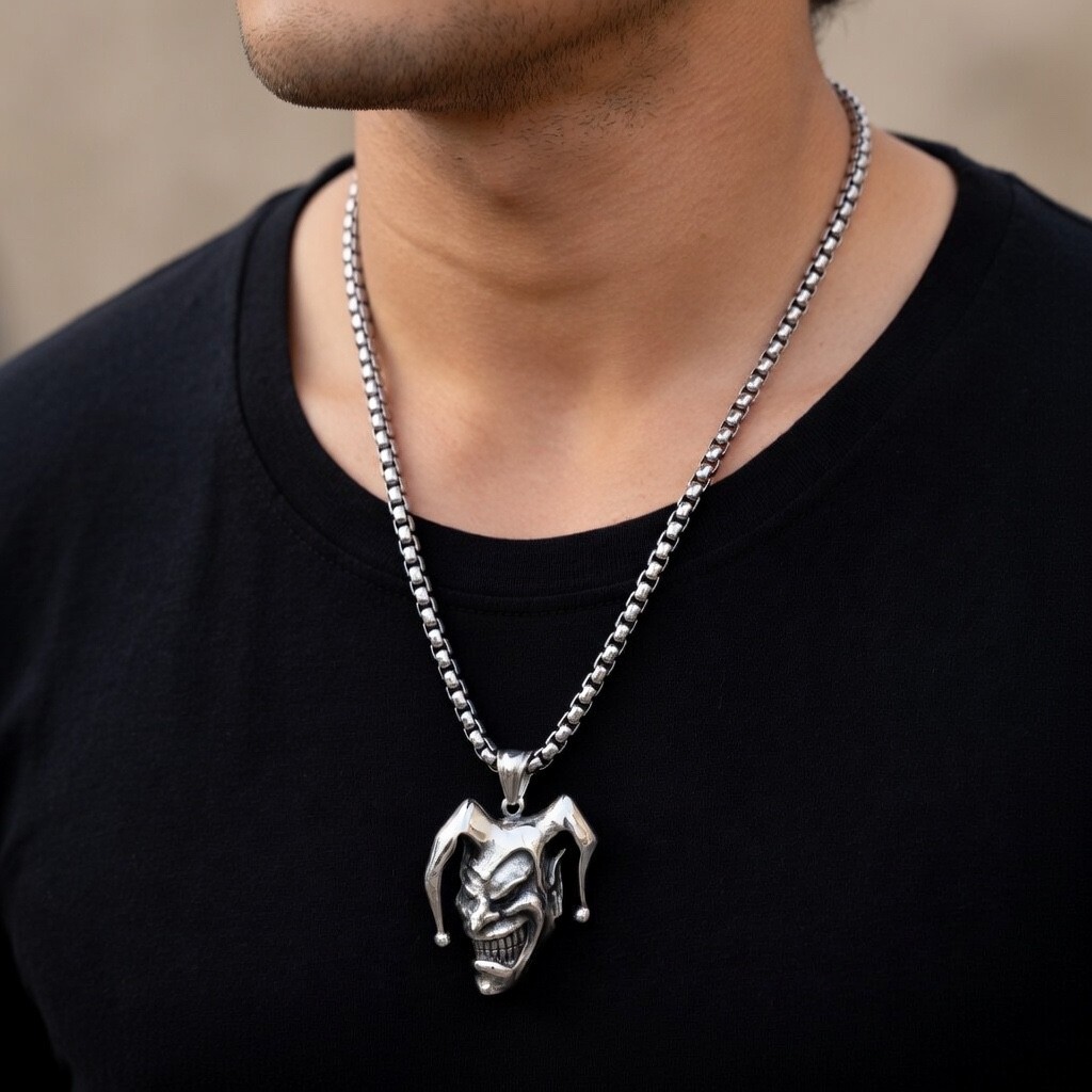 MENDEL Mens Stainless Steel Punk Boys Joker Clown Pendant Necklace Jewelry Chain