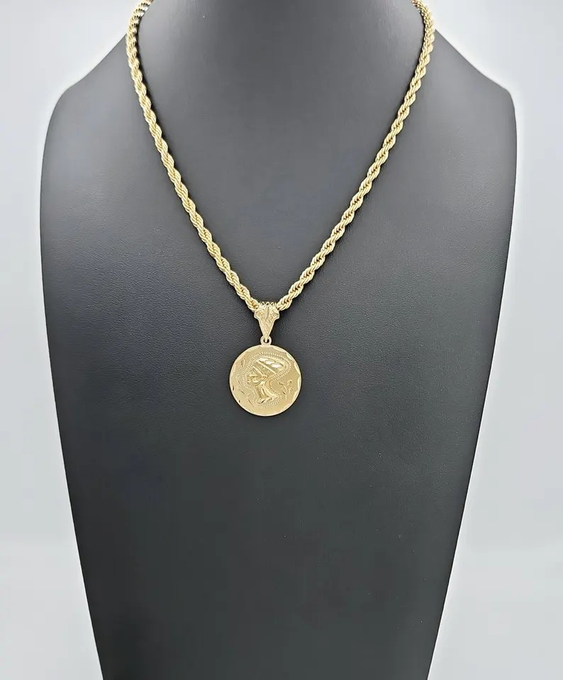 Gold Nefertiti Necklace, Medium 24mm Nefertiti Pendant, 14K Heavy plated Gold